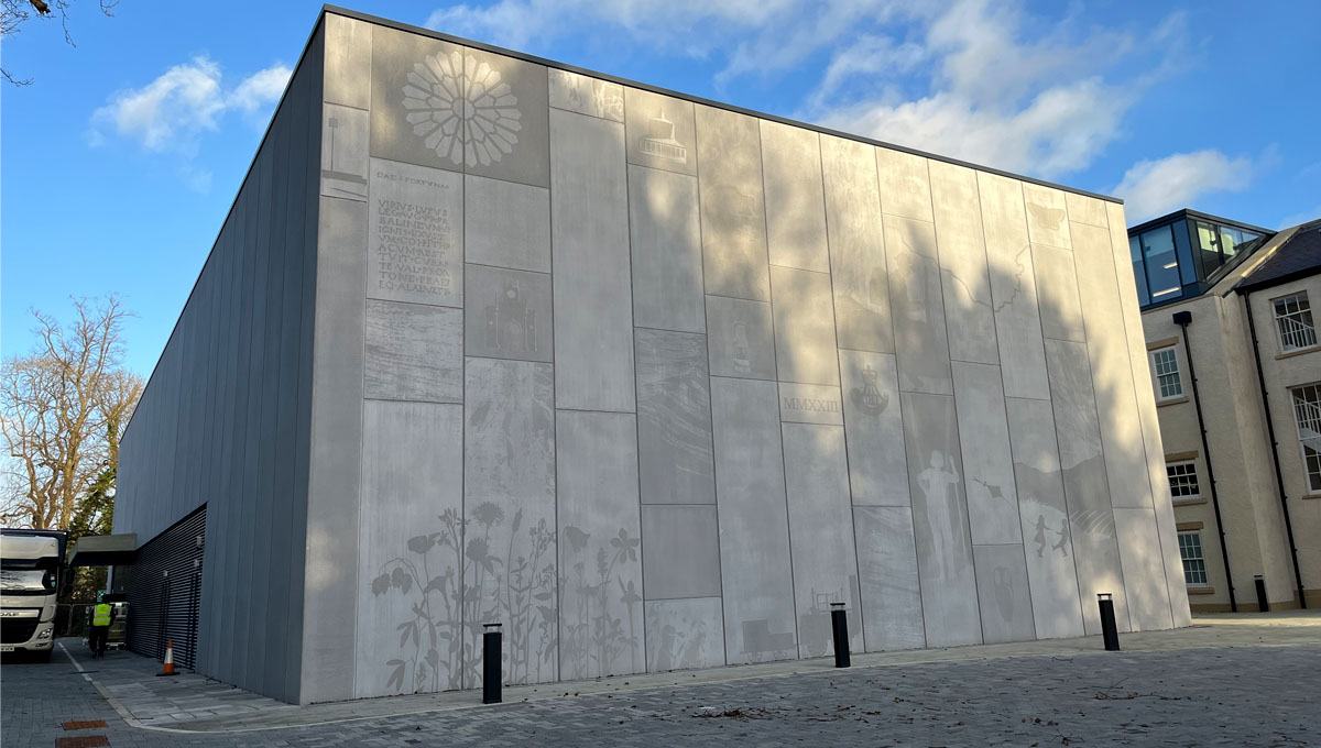Exterior visuals concrete walls of the new Durham Civic Centre showing illustrations of local history, cast using Graphic Concrete