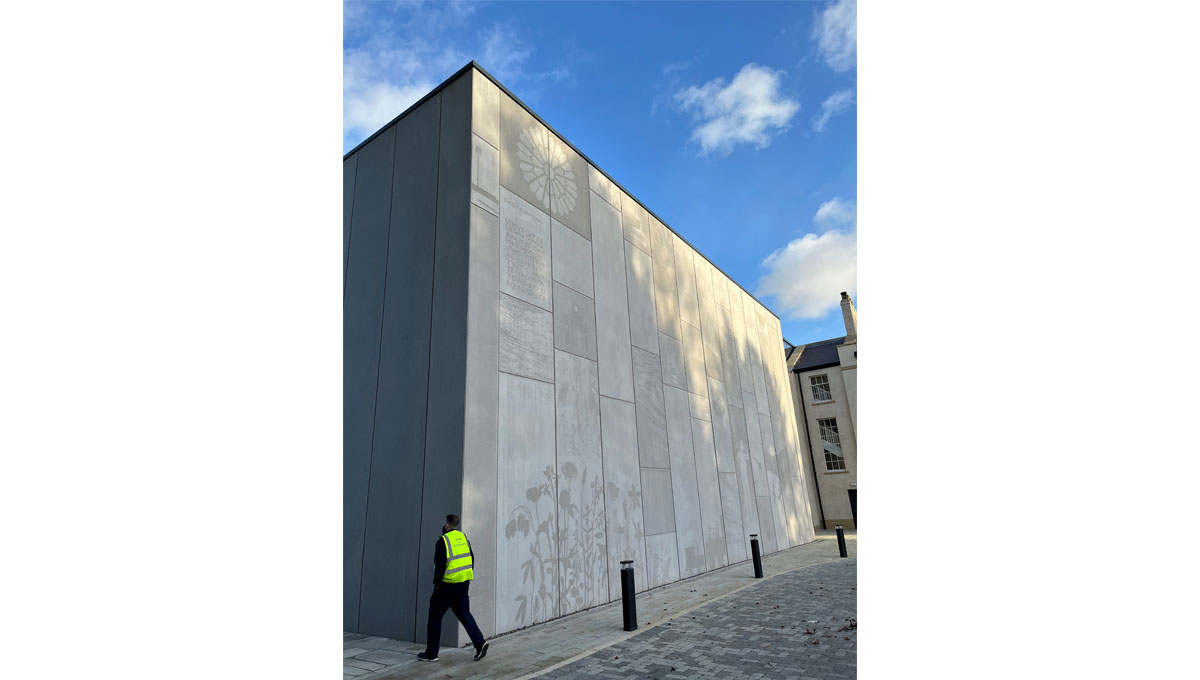 Exterior visuals concrete walls of the new Durham Civic Centre showing illustrations of local history, cast using Graphic Concrete