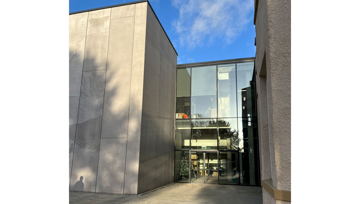 Exterior visuals concrete walls of the new Durham Civic Centre showing illustrations of local history, cast using Graphic Concrete