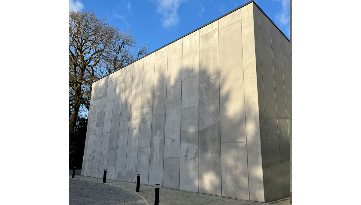 Exterior visuals concrete walls of the new Durham Civic Centre showing illustrations of local history, cast using Graphic Concrete