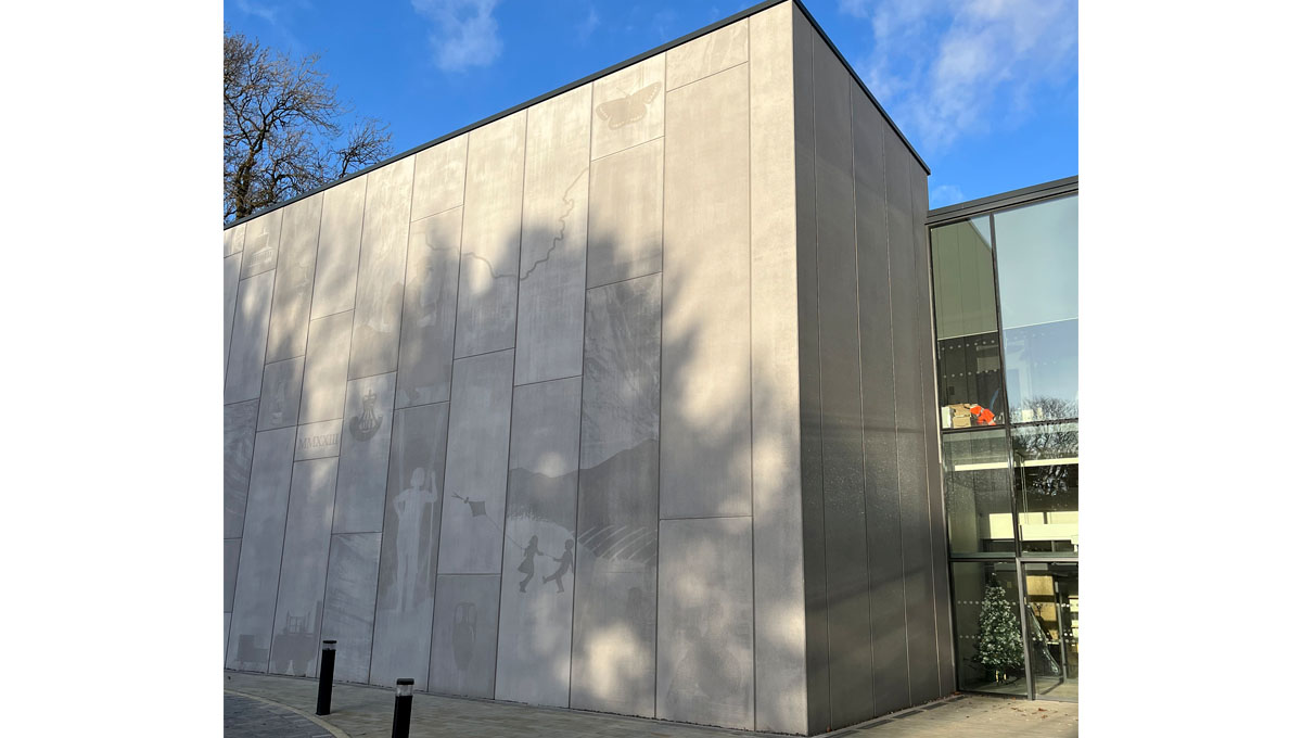 Exterior visuals concrete walls of the new Durham Civic Centre showing illustrations of local history, cast using Graphic Concrete