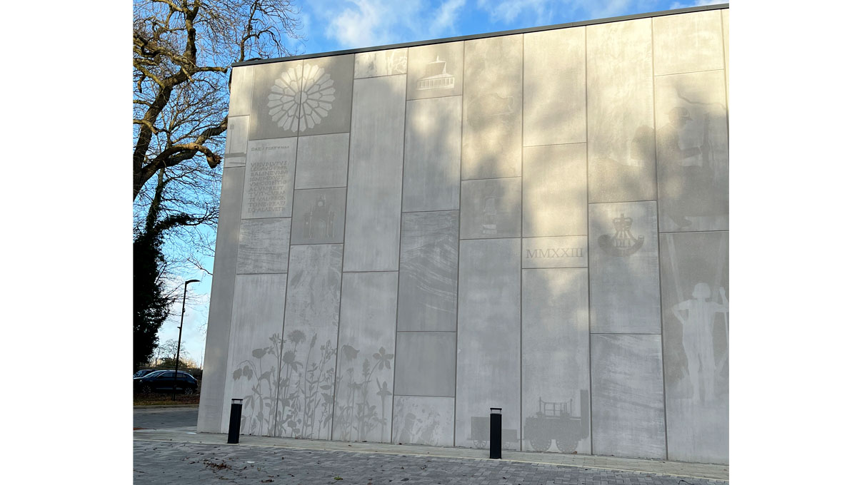 Exterior visuals concrete walls of the new Durham Civic Centre showing illustrations of local history, cast using Graphic Concrete