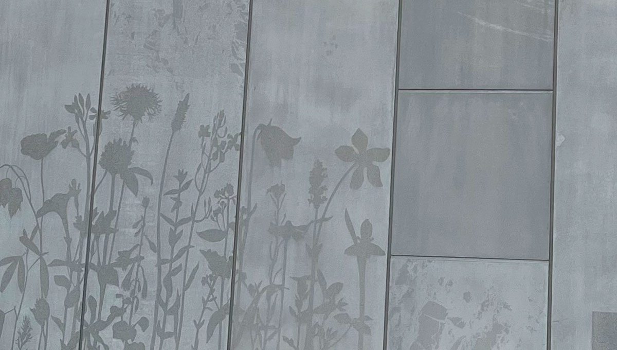 Exterior visuals concrete walls of the new Durham Civic Centre showing illustrations of local history, cast using Graphic Concrete