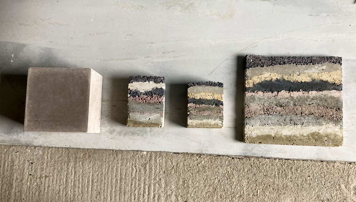 multi coloured layering samples of visual precast concrete