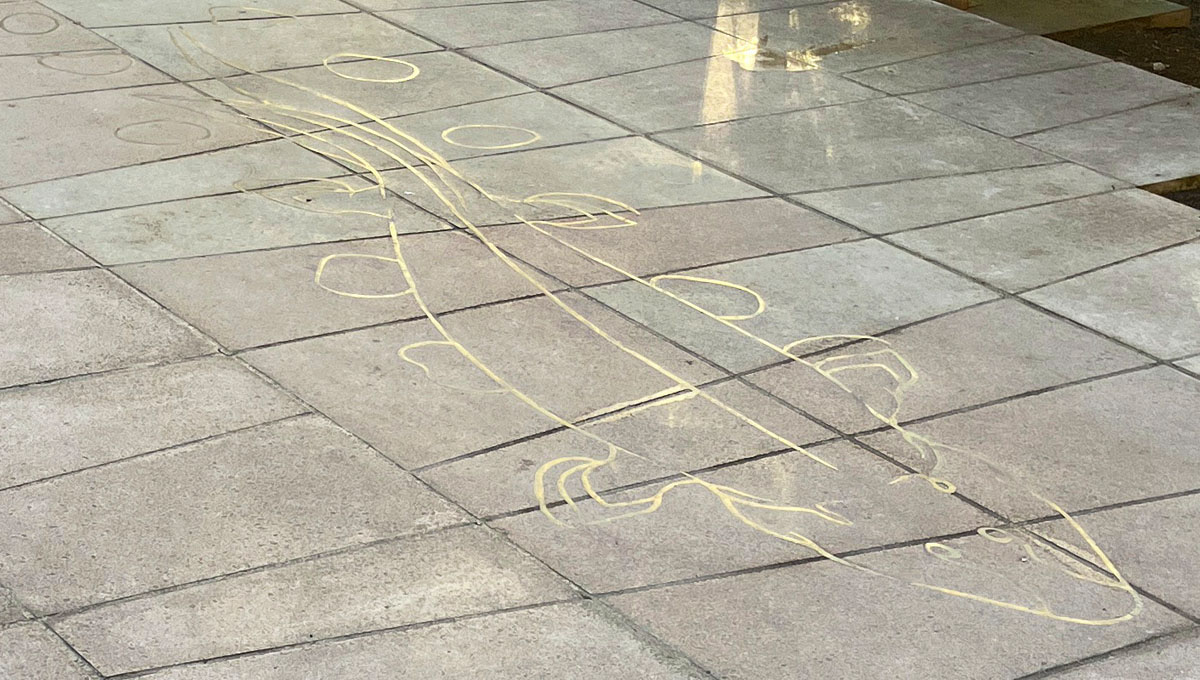 3.2 by 1.2m piece of visual precast concrete with paving slab pattern and a brass inlay of a prehistoric Taktaalik for the Natural history Museum, London